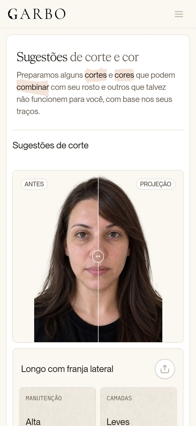 Tela de Cabelo e barba, com antes e depois e o corte recomendado