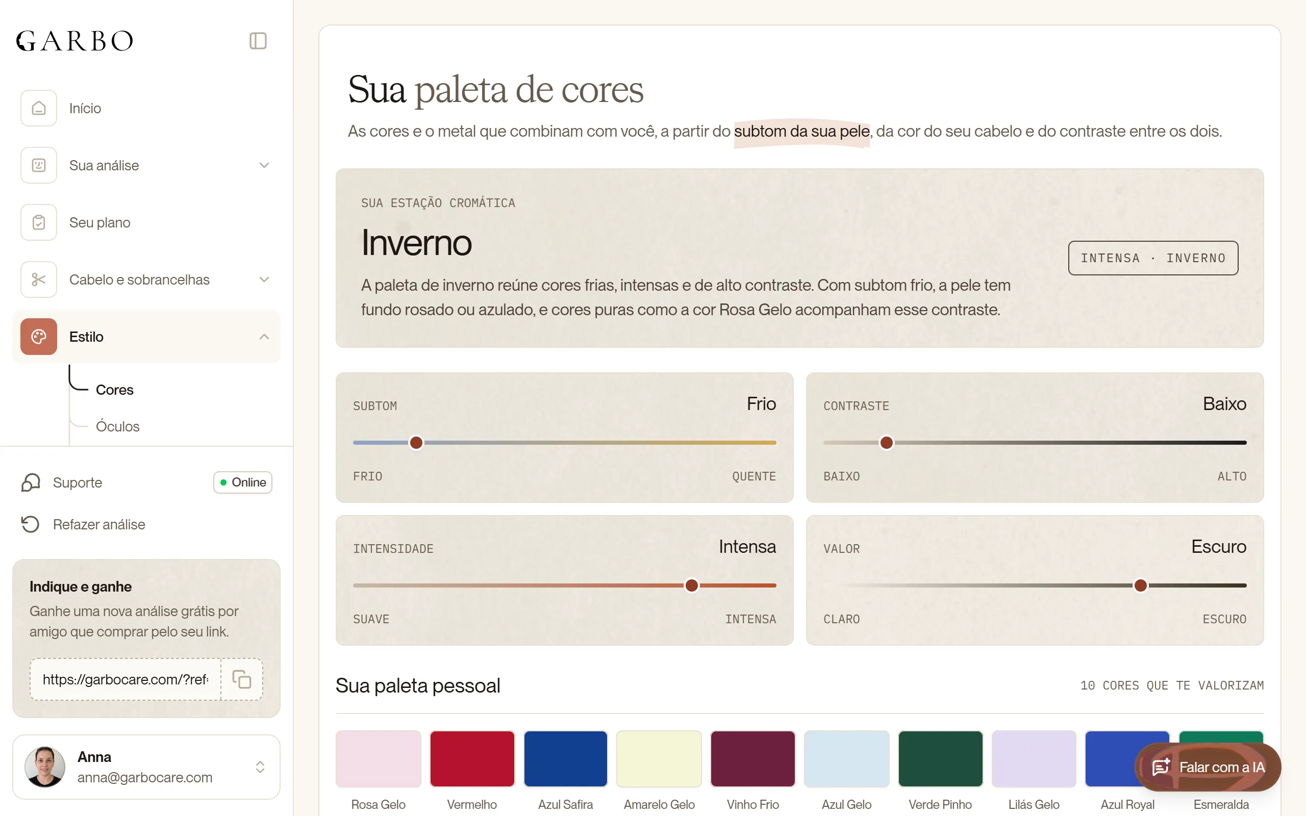 Tela da paleta de cores do Estilo
