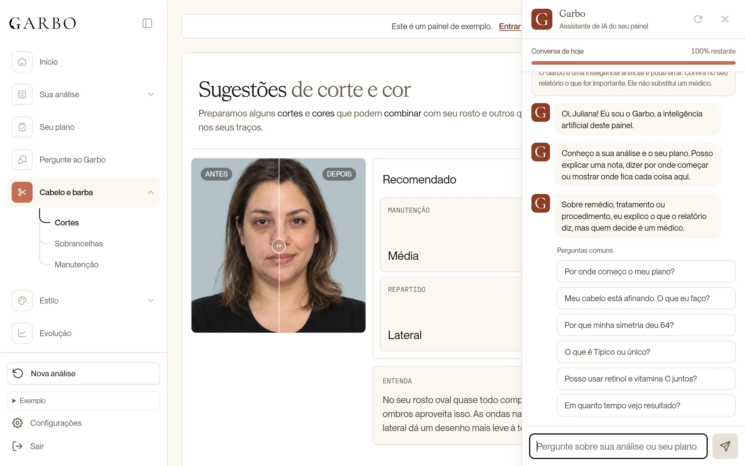Conversa com o Garbo no painel, com perguntas sugeridas