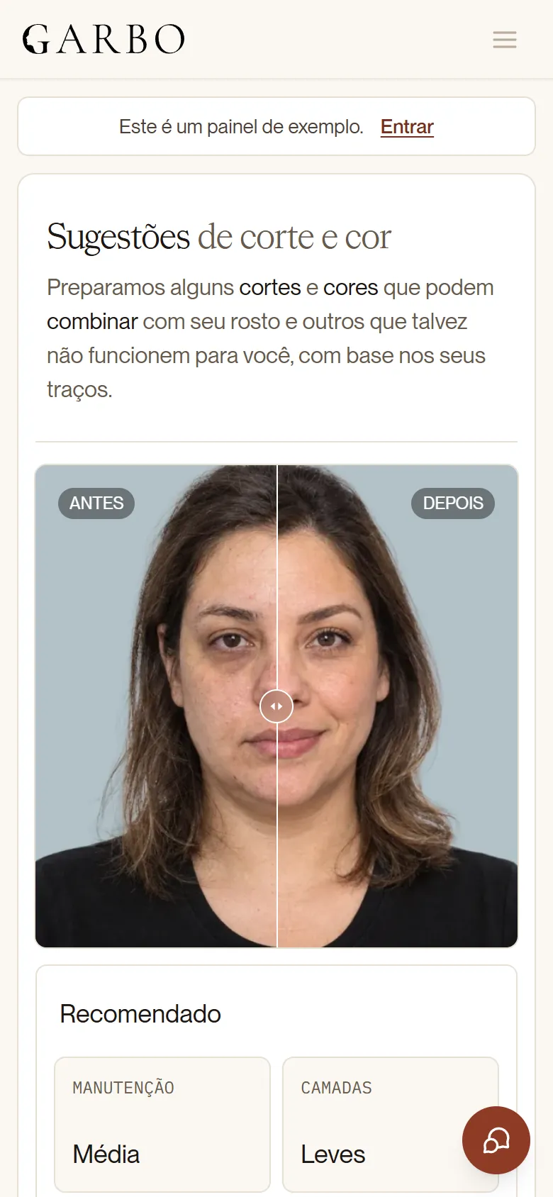 Tela de Cabelo e barba, com antes e depois e o corte recomendado