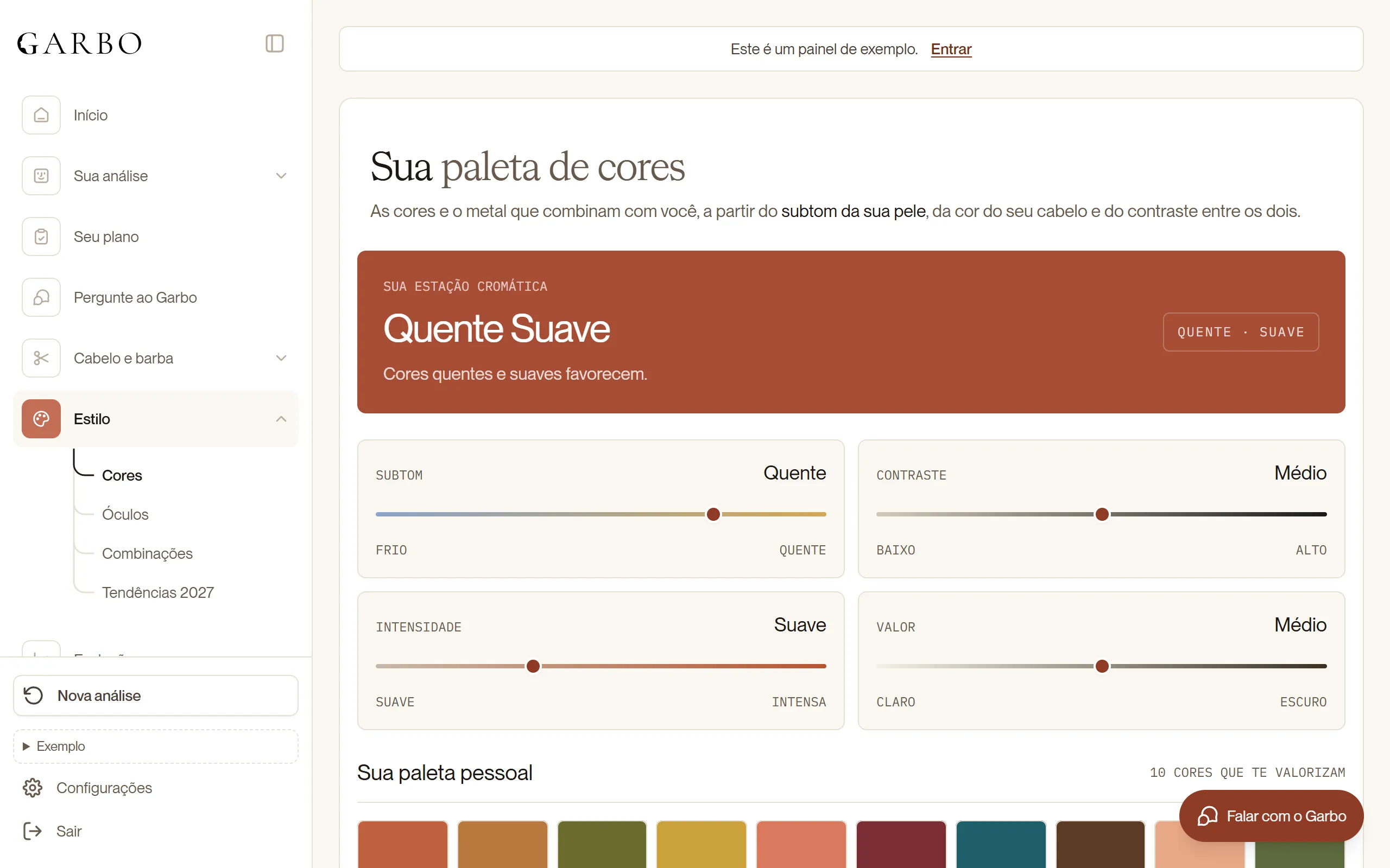 Tela da paleta de cores do Estilo
