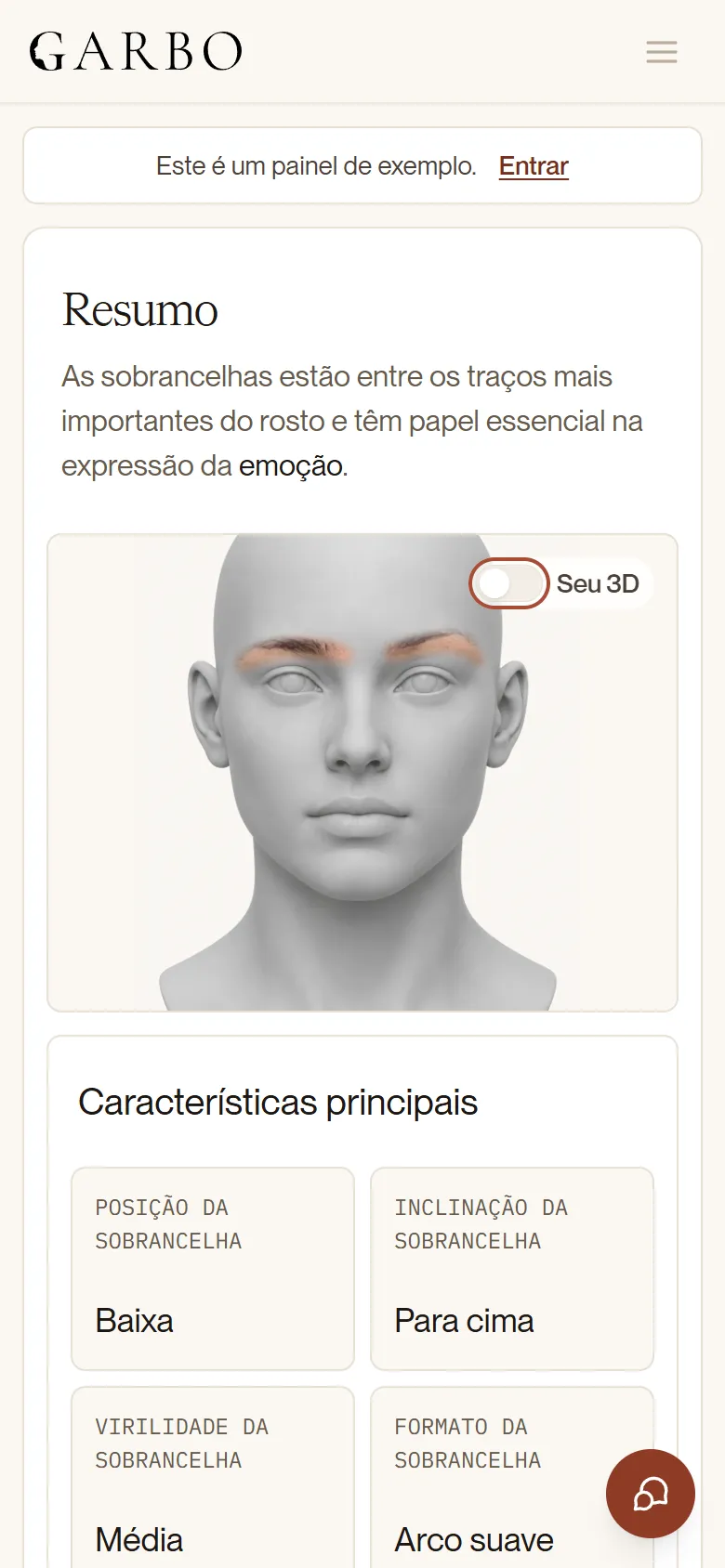 Página da parte do rosto no painel: Sobrancelhas