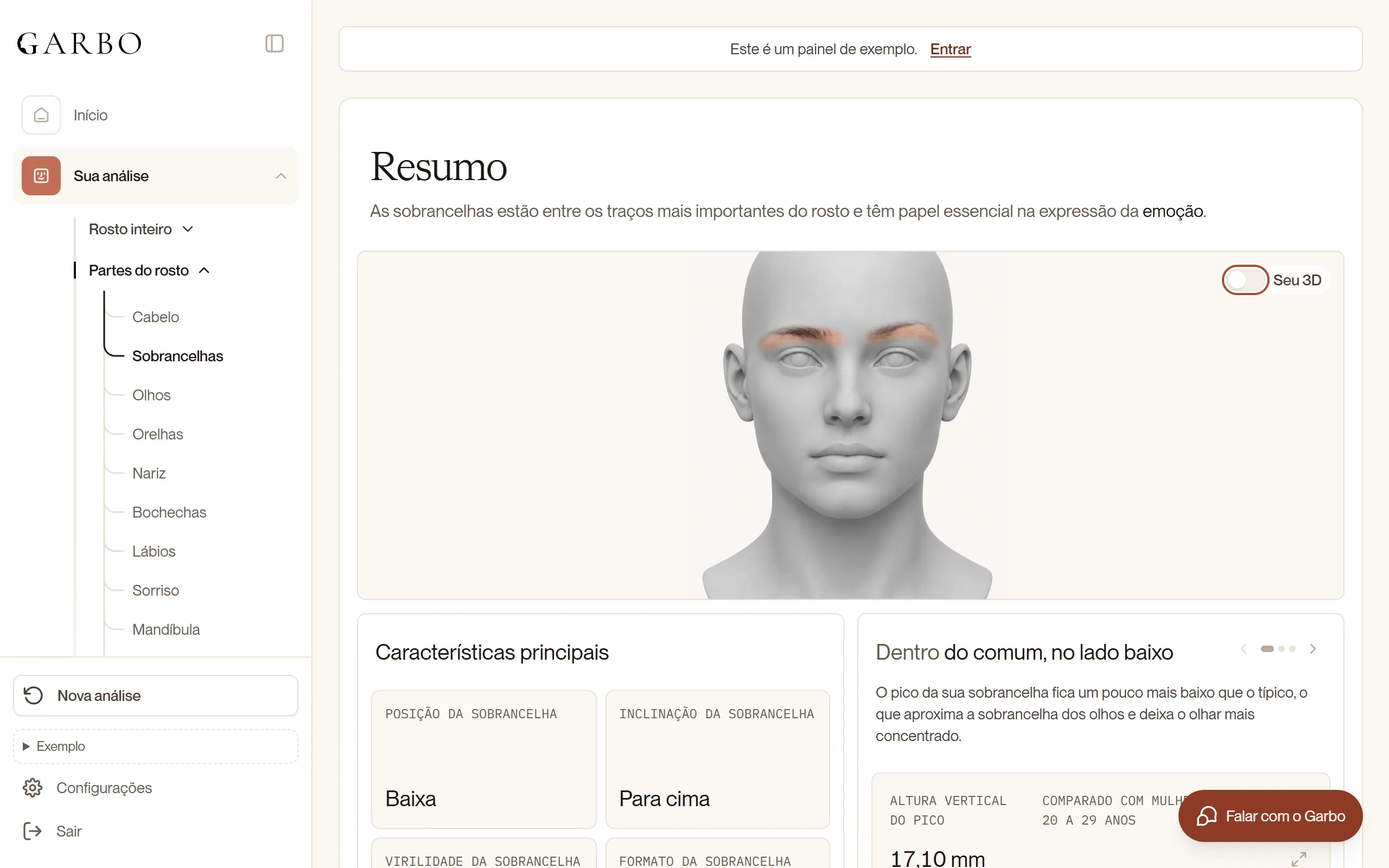 Página da parte do rosto no painel: Sobrancelhas