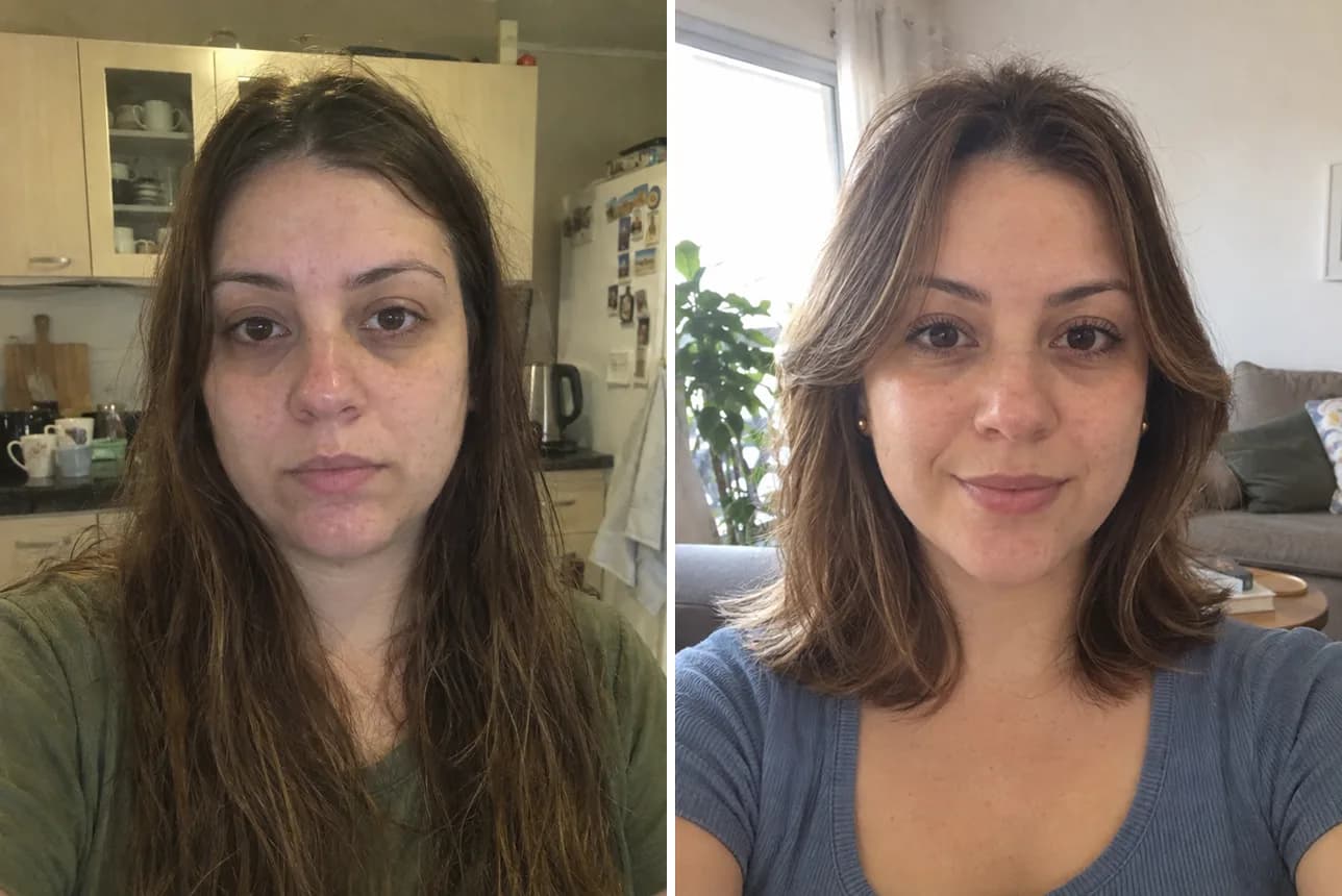 Camila before and after: layered cut, well-cared-for skin and eyebrows