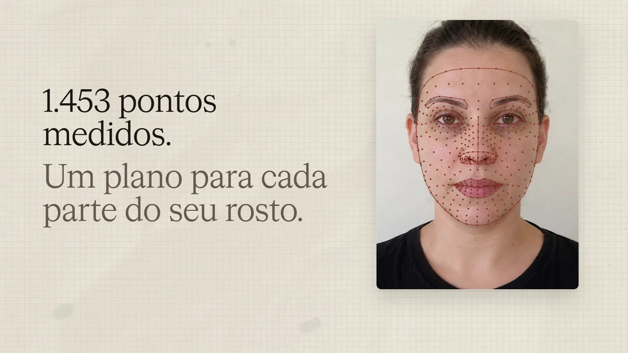 Mulher de frente, de camiseta preta, com os pontos de medida marcados no rosto, ao lado da frase 1.453 pontos medidos. Um plano para cada parte do seu rosto.